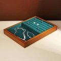 Wood jewelry display tray with dark green velvet lining and ring storage slots - Brown Flat & Ring Tray-Green Velvet