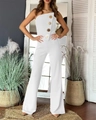 Detail of white tube jumpsuit featuring decorative gold embossed buttons on the front - S / White