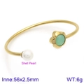 Gold open bangle featuring shell pearl and green stone flower detail for women - Gold Light Green Flower Style (KB123101-K)