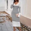 Slim fit V-neck knitted dress in black and white stripes with long sleeves and midi length - S / White