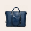Borsa tote vintage in pelle cerata blu scuro con finitura lucida e doppia tracolla - Blu Lucido