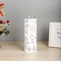 Close-up of 20oz stainless steel tumbler with festive Christmas illustrations and clear lid - Silver Christmas Graffiti