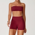 Two-piece yoga set with strapless tube top and high-waisted shorts in deep burgundy red - S / Top And Bottom / Bra + Shorts / Cherry Red