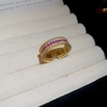 Detailed macro view of 18k gold-plated ring with red and white zircon pavé setting - Gold (Three-Row Pink and White Zirconia Wide Version)