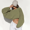 Olive green long sleeve cropped crewneck sweatshirt in soft knit fabric for women - XS / Tops / Green
