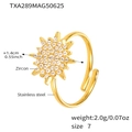 Detailed view of sun-shaped zircon ring with stainless steel adjustable band and gold finish - Gold Sun Ring