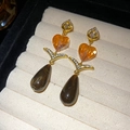 Vintage orange heart crystal drop earrings with long dark brown teardrop pendants - Orange Heart Waterdrop Long Drop Earrings (Silver Earring Post - Gold & Coffee)