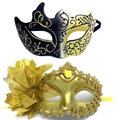Elegant gold and black masquerade masks set with sequins and floral detail for parties - Flame Gold + Side Flower Gold