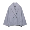 Short grey wool blend coat featuring oversized lapels and a stylish silhouette on white background - XS / Light Gray