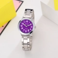 Detail of children's quartz watch with silver steel band and vibrant purple numeric dial - Purple