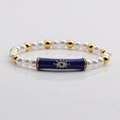 Elegant evil eye pearl bracelet with gold beads and blue enamel tube details - Blue