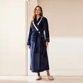 Navy blue plus size long flannel bathrobe for women with white piping and waist belt - M / Navy Blue (Women)