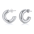Polished silver-tone hollow hoop earrings with thick C-shaped design and butterfly backs - C-Shape Thick Hoop (EH-289S)