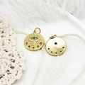 Detailed view of gold evil eye pendant with colorful zircons on lace and feather - Colorful Zircon Round Disc 17*15mm