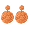Handmade bohemian double round earrings in bright orange raffia woven design - Orange Double Round Woven Earrings