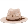Chapeau de paille Fedora rose ajouré avec ruban en cuir brun pour protection solaire - M (56-58cm) / Rose
