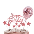 Roségold Glitter Happy Birthday Kuchendeko Set mit Sternen und Konfetti-Ballon Details - Roségold Set 06