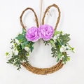 Rustic wicker Easter bunny wreath with purple peony flowers and green leaves door hanging - Style 2 (No LED)