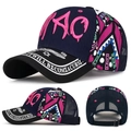 Navy mesh baseball cap with pink AQ embroidery and colorful geometric totem print - Adjustable / Navy Blue Mesh Front