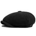 Dark grey herringbone newsboy cap for men featuring a classic eight-panel wool design - Black