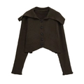 Women's dark olive green ribbed knit cardigan with oversized collar and buttons - S / Deep Olive Green
