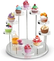 Detailed view of 12-tier acrylic jewelry display stand with spiral metal pillars and plates - 10-Tier Round Display / Clear
