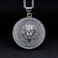 Iced out lion head pendant necklace in silver stainless steel with flame pattern - Steel Color Single Pendant (No Chain)