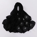 Detail of black chiffon hijab scarf with silver beadwork and rhinestone flower patterns - 175x70cm / Black