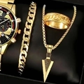 Detail of 4-piece gold men's jewelry set with watch and necklace in a black gift box - Arrow 4-Piece Set (With Watch) / Antique Gold