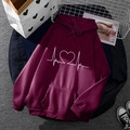 Burgundy fleece hoodie with white heartbeat graphic and front pocket in a flat lay view - S / Tops / Burgundy