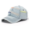Close-up of distressed light blue denim baseball cap with colorful contrast stitching - Light Blue(B)