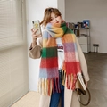 Chic rainbow plaid scarf with fringe, soft thick winter wrap for women's colorful style - Burgundy