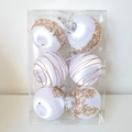 6er-Set weiße Seidentextur-Weihnachtskugeln mit champagnergoldenen Pailletten und Glitzer - Weiß 6-teiliges Set - 8cm