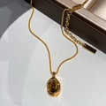 Gold plated oval tiger eye stone necklace and earrings set displayed on a jewelry box - Geometric Oval Pendant (HN8004) / Gold Brown
