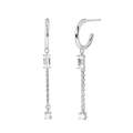 Detail of silver tassel chain earrings with rectangular zircon stones and elegant long drop - Silver Clear Rhinestone