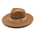 Detail of a brown fedora hat with tweed band and circular metal M logo badge - M(56-58cm) / Khaki