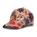 Gros plan sur la broderie florale colorée et le tissu de haute qualité d'une casquette - Motif Floral Brun (B)