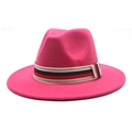 Close-up of pink wool fedora hat featuring a patterned ribbon with Greek key design - Rose Red