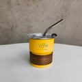 Yellow stainless steel camping coffee cup with wood grain sleeve, metal straw and lid - Cup + Wood Sleeve + Lid + Straw / Yellow