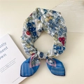 Floral cotton linen scarf featuring blue, yellow, and red flowers with a blue checkered border - 58*58cm / 16 Stripe Base-Cauliflower Blue