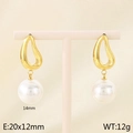 Elegant 14mm white pearl earrings with gold metal drop clasp on a display stand - Waterdrop Buckle Round Pearl Style (Style E Gold KE115797-GC)