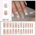 French nude press-on nails with white glitter tips, 3D flowers and golden butterfly charms - SGCY-307 / Glue Type