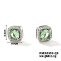 Square silver stud earrings featuring round green gemstone and halo of white cubic zirconia - Silver-Cyan Zircon