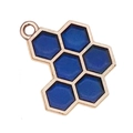 Golden honeycomb charm with dark blue enamel inlay and round hanging loop on white backdrop - Blue Honeycomb