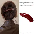 Pince à cheveux banane vintage marron foncé en résine brillante pour queues de cheval - Barrette Plate (3#) / 1 Pièce (9,5 cm) / Rouge