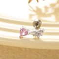 Pendiente de corazón plateado con circonita rosa y cierre trasero de rosca - Estilo Floral de Corazón Rosa (Pieza Única) (A205)