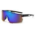 Matte black sports sunglasses with gradient blue to orange wraparound lenses - Large Frame Sports Style (83151) / Green Mirrored