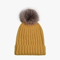 Ginger yellow knitted beanie with large faux fur pompom and thick ribbed texture - Adult Size (56-60cm) / Yellow