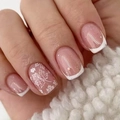 Classic French short press-on nails with white tips, glitter, and autumn maple leaf art - White Glitter Maple French Style (CW716)