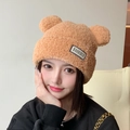 Winter plush knit beanie with cute bear ears in caramel brown color for women - Khaki